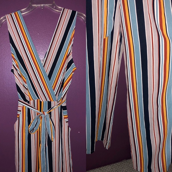 Monteau Wide Leg Striped Jumpsuit with Pockets - Picture 1 of 8